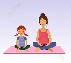 Pregnant women and little girl doing yoga