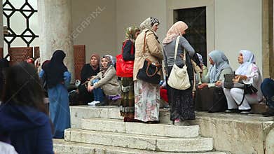 SARAJEVO, BOSNIA - MARCH 2014: Women at Baï¿½?arï¿½ija mosque in capital city of Bosnia, Sarajevo which is know for it's mixture