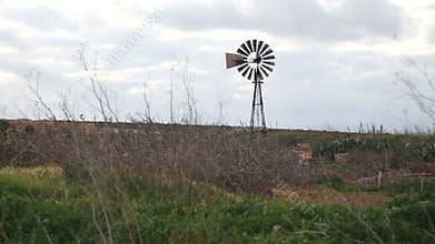 Old iron windpump windmill spinning in nature