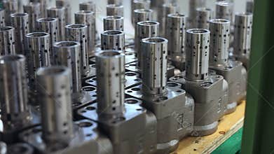 Finished metal aggregates in warehouse of enterprise. Machine part manufacturing