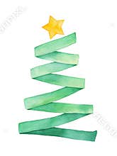 Watercolour illustration of green ribbon folded as cute Christmas tree