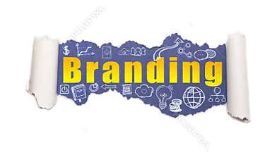 The text branding behind torn white paper