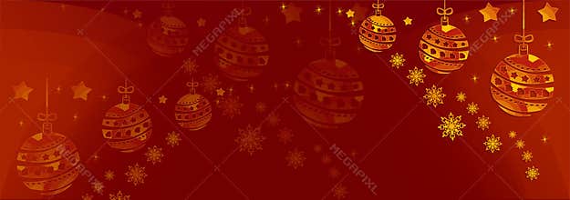 Christmas Illustration A Red Christmas background with gold baubles & snowflakes.