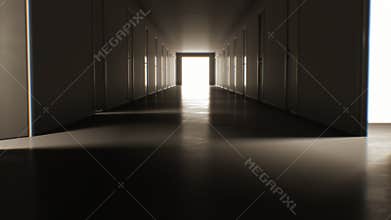 Moving through the dark corridor with many opening and closing doors to the bright white exit. Business and technology