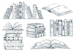 Books engraving. Vintage open book engrave sketch drawn. Hand drawing student reading textbook vector illustration