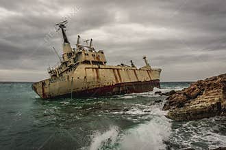 Paphos/Cyprus - February 2019: Abandoned ship Edro III near Cyprus beach.