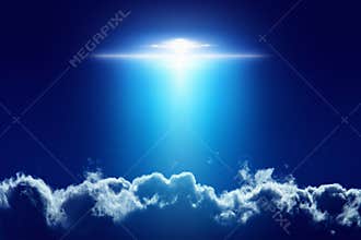 Extraterrestrial aliens spaceship, ufo with bright spotlight in