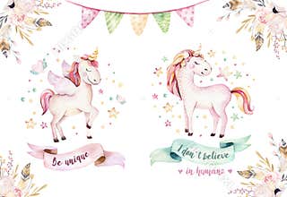 Isolated cute watercolor unicorn clipart. Nursery unicorns illustration. Princess rainbow unicorns poster. Trendy pink
