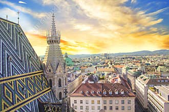 View of the city from the observation deck of St. Stephen`s Cathedral in Vienna, Austria