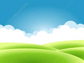 Summer nature background, a landscape with green hills and meadows, blue sky and clouds.