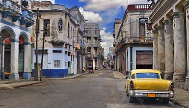Panorama with old car in Havana street