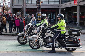VANCOUVER, CANADA - February 18, 2018: Vancouver Police Department Motocycle officers at Chinese New Year parade.