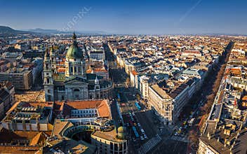 Budapest, Hungary - Aerial view of St.Stephen`s basilica with Andrassy street and Bajcsyâ€“Zsilinszky street
