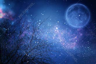 Surreal fantasy concept - full moon with stars glitter in night skies background.