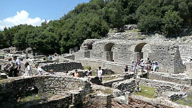 People visiting ruins of Buthrotum Albania of roman and venetian time. Archaeological park. Also known as Butrint and Butrinti.