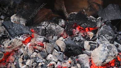 Red hot charcoal slowly glowing in big barbecue brazier, arson fire remains