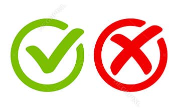 Green tick symbol and red cross sign in circle. Icons for evaluation quiz. Vector.
