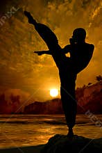 Kung Fu fighter practising at sunset