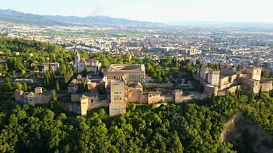Aerial view. Alhambra Palace on a beautiful sunny evening. Granada, Spain.
