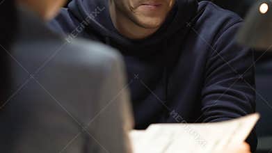 Nervous criminal male worried during interrogation by female police detective