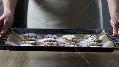 Woman showing baking pan with chocolate chip cookies before camera, closeup