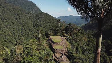 Wide drone view of the Lost City ancient site in Colombia, and the mountains