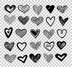 Doodle hearts. Hand drawn love heart icons. Scribble sketch valentine grunge hearts vector elements isolated on