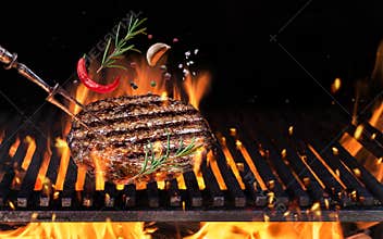 Beef milled meat on hamburger with spices fly over the flaming grill barbecue fire
