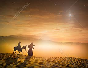 Journey Across Desert Under Bright Star Spiritual Nativity Concept