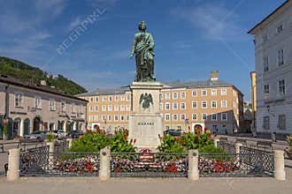 Wolfgang Amadeus Mozart monument statue at the Mozartplatz square in Salzburg, Austria.