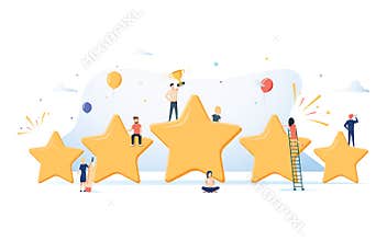 Flat isometric vector concept of five stars, best rating, customer feedback, positive review. Winner award First place