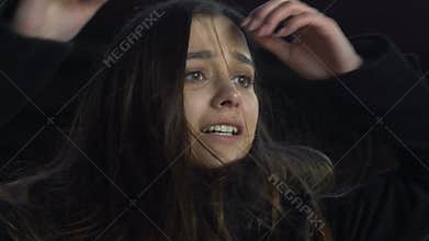 Girl in despair looking at thief running away with her purse self defense, crime