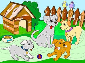 Childrens color book cartoon family on nature. Mom dog and puppies children
