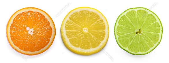 Citrus slice, orange, lemon, lime, isolated on white background