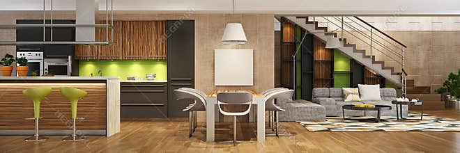 Modern house interior of living room and a kitchen in black and green colors.