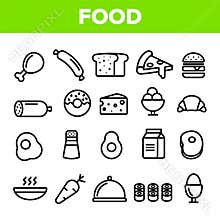 Food Line Icon Set Vector. Home Kitchen Breakfast Food Icons. Menu Pictogram. Fesh Eating Element. Thin Outline Web