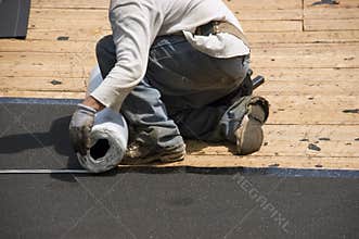 Roofer on Roof, Ice Shield Tar Paper Shingles