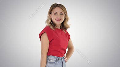 Girl Looking At Herself And Changing Poses on gradient background.