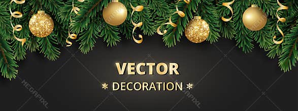 Winter holiday background. Border with Christmas tree branches. Garland, frame with hanging baubles, streamers