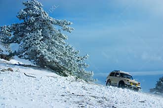 Off-road car on winter landscape