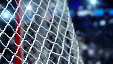 Hockey puck flies into the net on a blue lights stadium. The movement at the beginning is accelerated then slowly