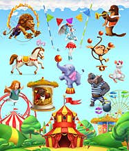 Circus funny animals, set of vector icons