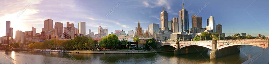 Melbourne, Australia - March 21, 2018: Melbourne downtown panorama in sunset