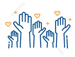 Volunteers and charity work. Raised helping hands. Vector thin line icon illustrations with a crowd of people ready and available