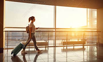 Young woman goes at airport at window with suitcase waiting for