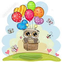 Owl in the box is flying on balloons