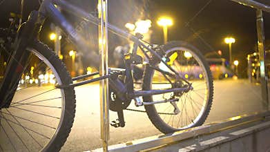 Bicycle parked on sidewalk in big city, active lifestyle, clean urban transport