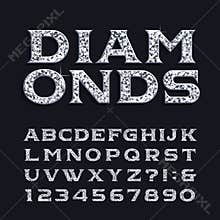 Diamond alphabet font. Luxury beveled serif letters and numbers.