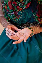 Muslim wedding bride hand. Bride henna carved beautiful and unique