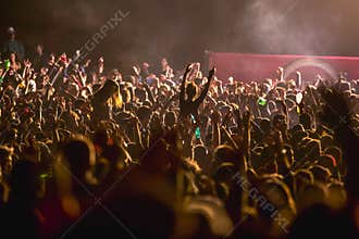 Cheering Crowd at music festival, teens having fun